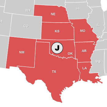 Map of NE, NM, KS, OK, TX, MO, AR, and LA Sales Rep States
