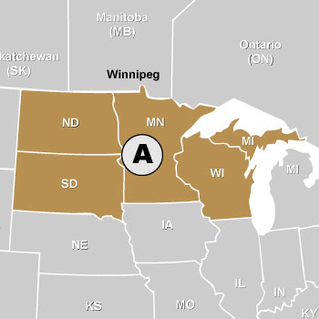 Map of ND, SD, MN, WI, and MI (Upper Peninsula) Sales Rep States