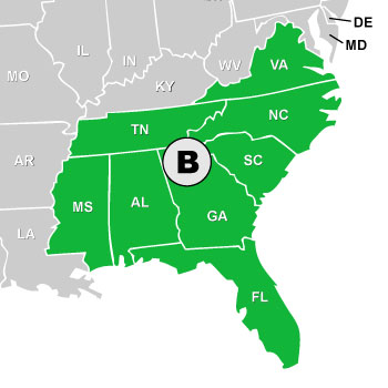Map of VA, NC, SC, TN, MS, AL, GA, and FL Sales Rep States