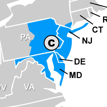 Map of NJ, PA, MD, DE, and NY (NYC 
        Metropolitan Area) Sales Rep States