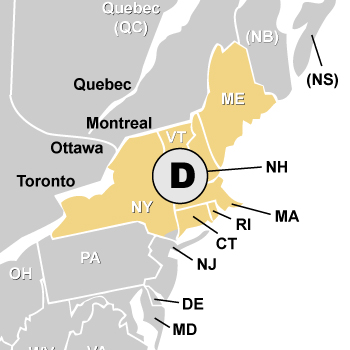 Map of CT, MA, RI, NH, VT, and ME Sales Rep States
