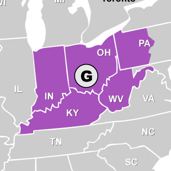 Map of IN, KY, OH, WV, and Western 
        PA Sales Rep States